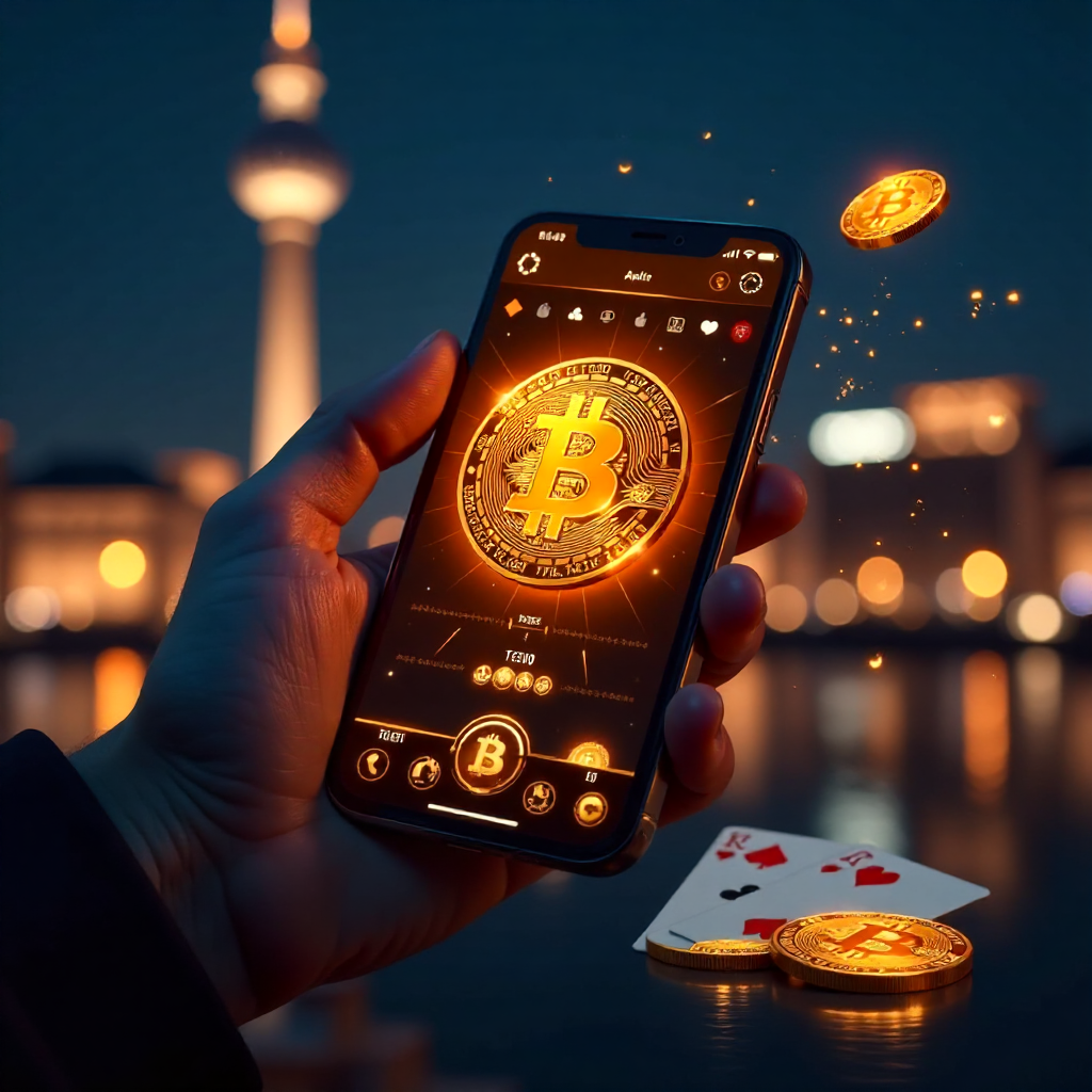 A hand holding a luxury smartphone displaying a high-tech Bitcoin poker app interface with glowing orange and gold accents, background is the Berlin skyline with the TV Tower (Fernsehturm) at night, 3D golden Bitcoin coins and a Royal Flush of playing car